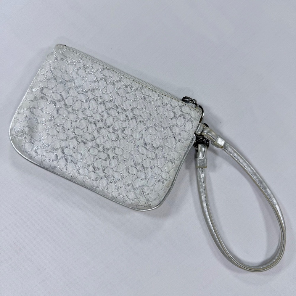 Coach Signature Jacquard Wristlet Silver Metallic Leather Trim Small Pouch